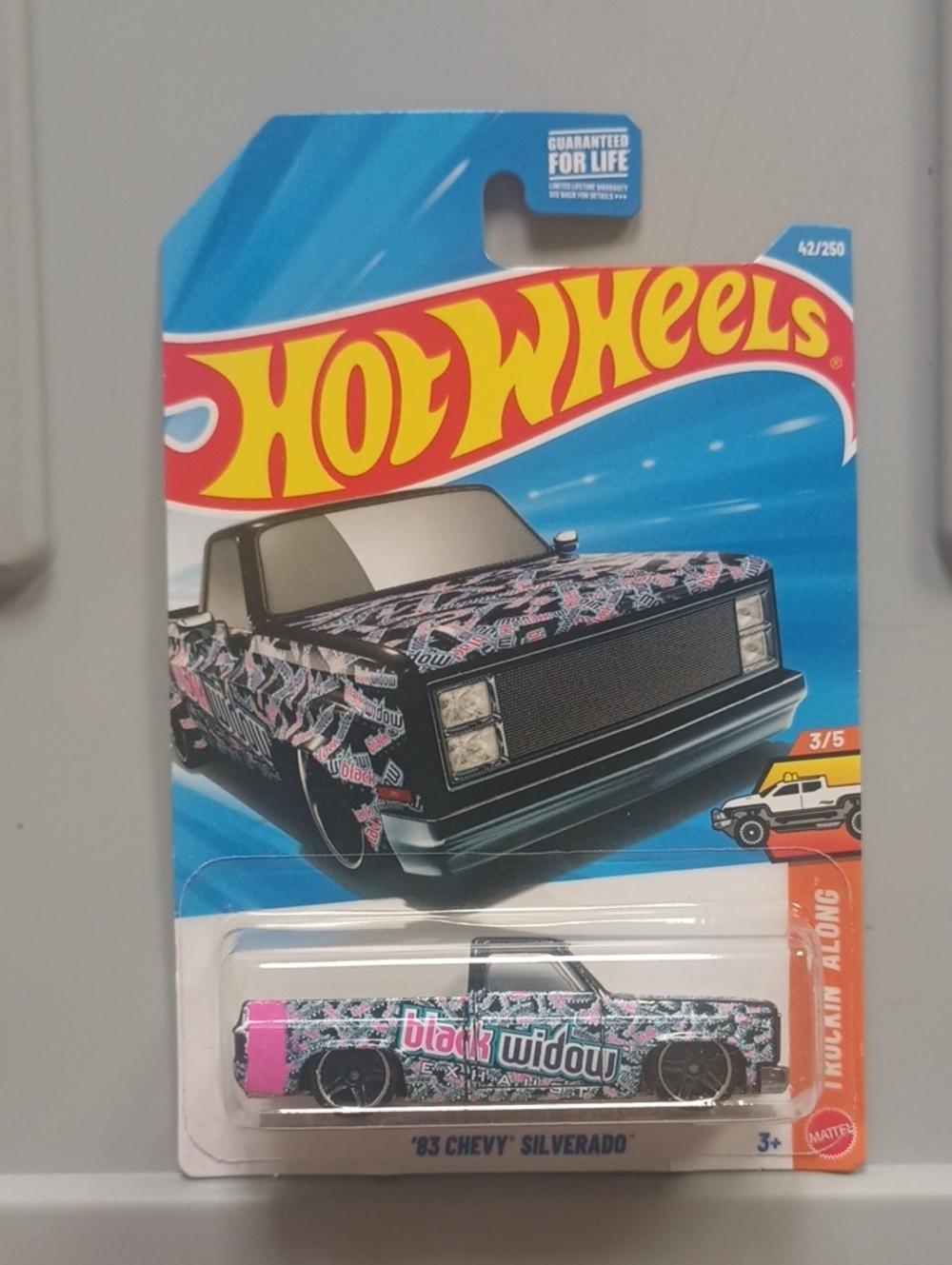 Mattel Hot Wheels '83 Chevy Silverado - Black, Pink & White Black Widow Graphic
